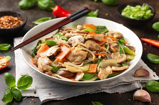 2277576567 Chicken Chop Suey in white plate. Take away food
