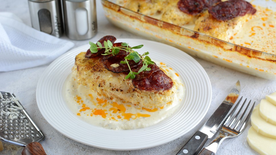 Keto Baked Chicken with Mozzarella, Parmesan, Sliced Pepperoni and Low-Carb Bechamel Sauce - an entire recipe preparation photos