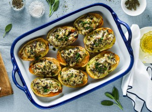 1807743463 vegan baked potatoes with mushrooms in bechamel sauce with soy milk. healthy lunch or dinner for the family