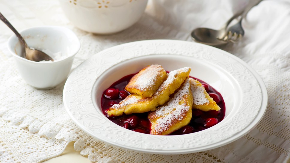 semolina pancakes  with  cherry kissel. style vintage