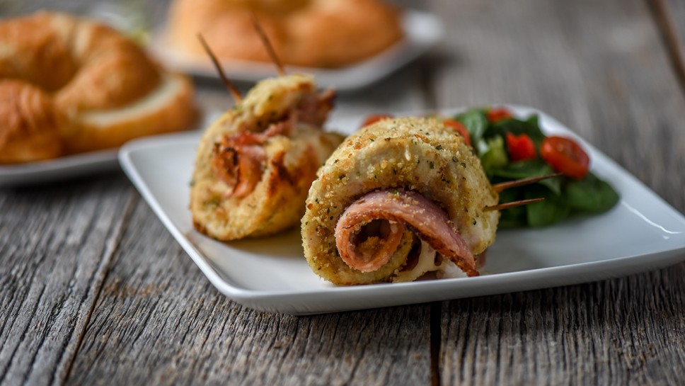 Homemade Crispy Chicken, Ham and Swiss Roll Ups