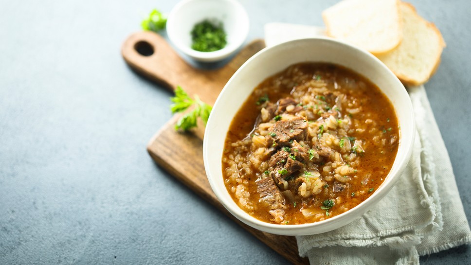 Homemade winter meat soup with rice