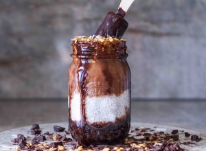 Chocolate Chia Pudding, Smoothie with Granola and Coconut. Selective Focus, Toning.