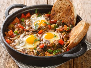 Tasty vegetable soup with eggs Acquacotta served with homemade bread close-up in a bowl on a wooden table. horizontal
