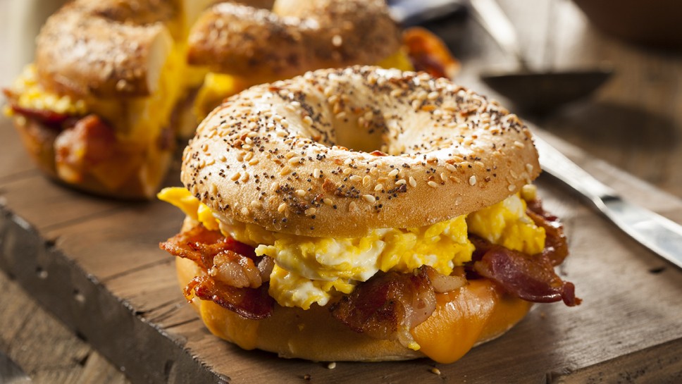Hearty Breakfast Sandwich on a Bagel with Egg Bacon and Cheese