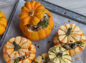 A Group of Mini Pumpkins stuffed with meat and mushrooms in bechamel sauce.