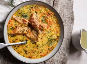 Nordic salmon soup with buttermilk and dill