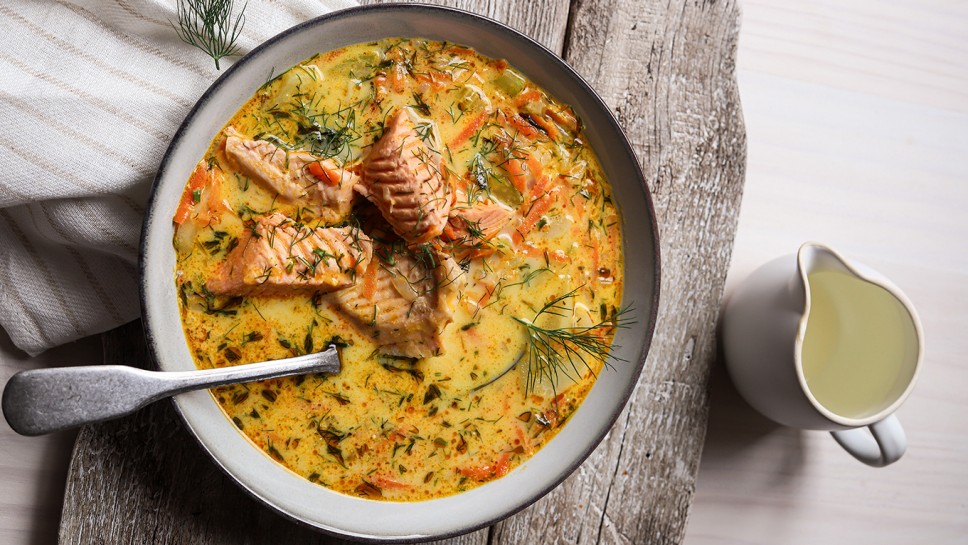 Nordic salmon soup with buttermilk and dill
