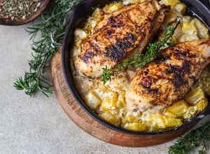 Grilled spicy chicken breast or fillet with pumpkin and aromatic herbs in iron pan. Healthy food. Top view. Selective focus.