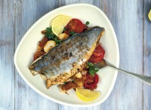 Sea bass fillet with butter bean and chorizo salad