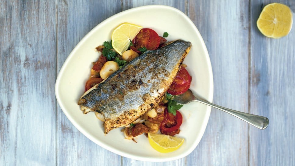Sea bass fillet with butter bean and chorizo salad