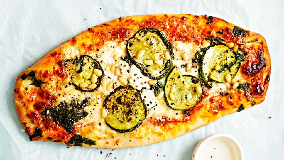 Spinach courgette and feta pide flatbread 