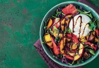 Delicious summer salad with burrata cheese and grilled peaches, arugula and microgreens. Healthy eating. copy space; Shutterstock ID 2087230393; purchase_order: Nisa; job: BBQ 2022.; client: Spar Hrvatska; other: 