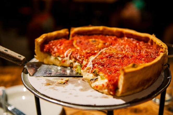 1210307005 Chicago Style Deep Dish Cheese Pizza with Tomato Sauce.