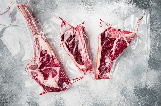 1986349001 Sirovi, nepeceni govedi odresci u vakuumiranoj sous vide vrecici tomahawk, T-bone i club steak rezovi