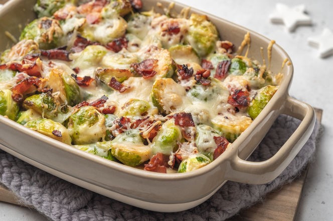 Baked brussel sprout casserole with a bacon and cheese