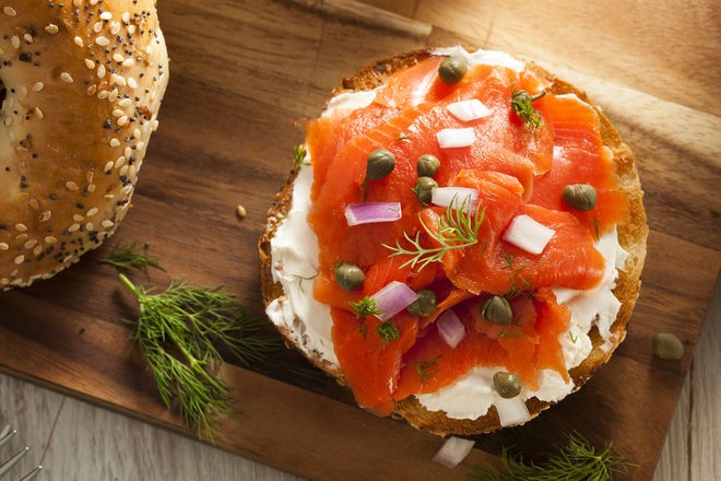 Homemade Bagel and Lox with Cream Cheese, Capes, and Dill