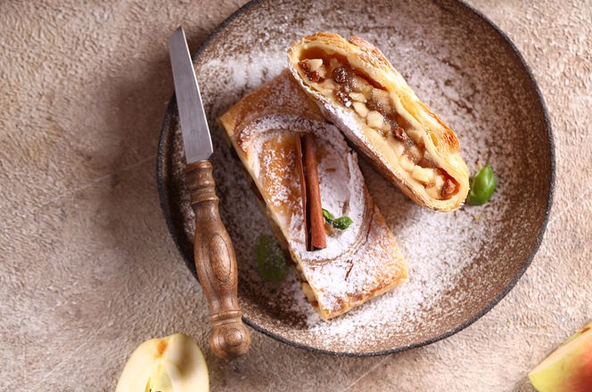 fresh traditional dessert strudel with apples